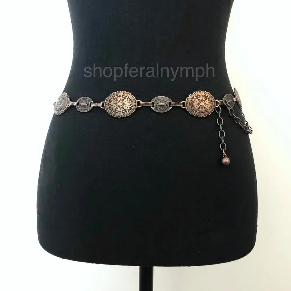 Y2K Boho Antique Bronze Medallion Chain Belt, Fits 22–37.5 Inches, X7GA1174